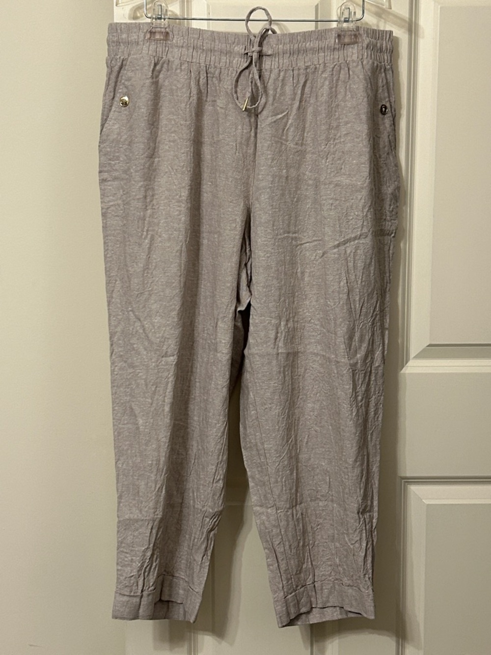 Jones New York Linen Blend Light Oatmeal Wide Leg Pants with Drawstring